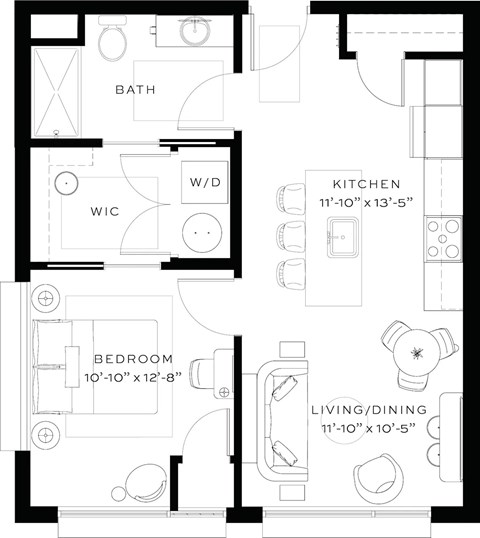Floor plan for 1 bed, 1 bath, 600 sqft
